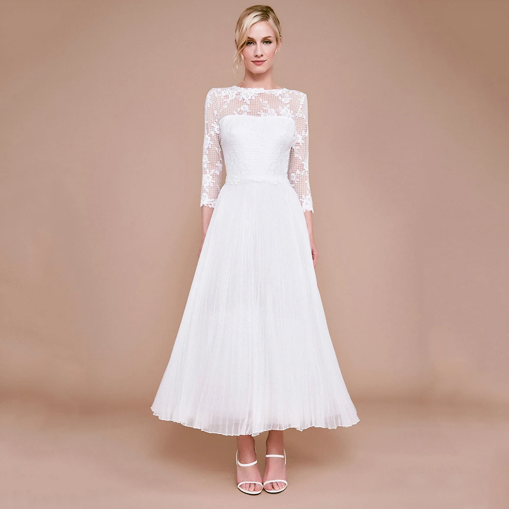 

Elegant Bride A Line Bridal Gowns Illusion O Neck Lace Pleat White Tea Length 3/4 Sleeve With Zipper Back Simple Wedding Dresses