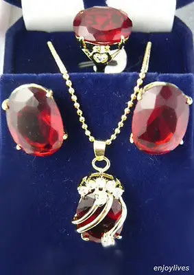

Red Cubic Zirconia Crystal Pendant Necklace Earrings Ring Set