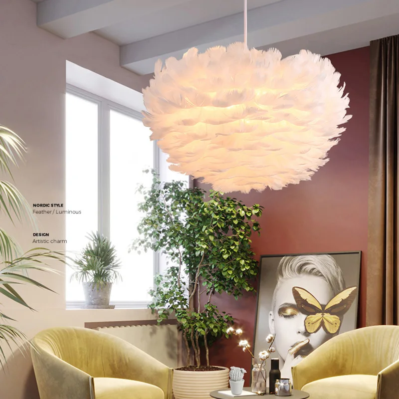

Pendant Light White Feather Shade Nordic Pink Chandelier Decor Hanging Light Ceiling Lamp for Living Room Girl Children' Bedroom