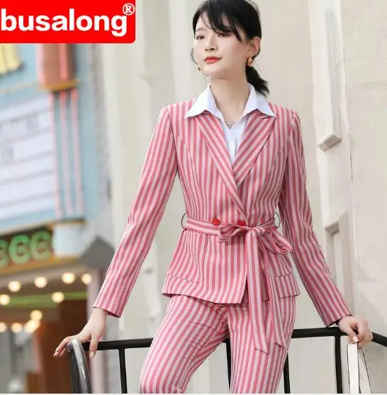 Модное женское пальто в полоску женская одежда женские костюмы из двух брюк и