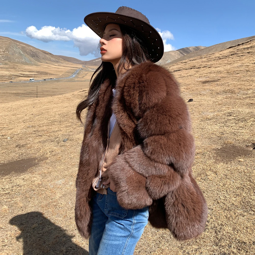 Natural Fox Fur Jacket for Women Winter Outwear 2022 New Trendy Thick Medium Length V-neck Whole Skin Genuine Fox Fur Coat Woman