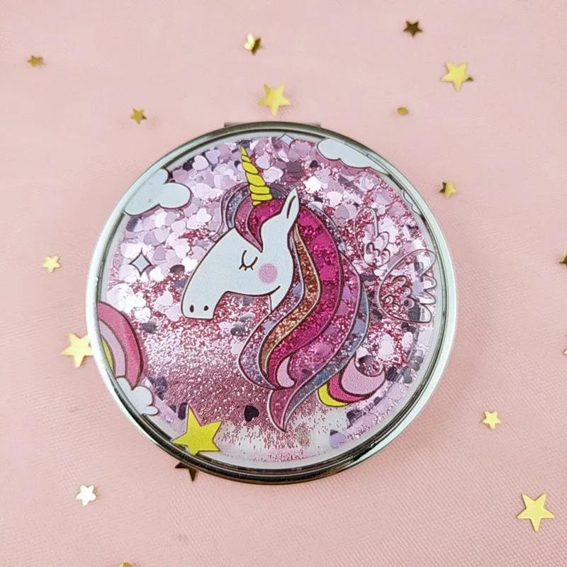 TY434 Mini Unicorn Makeup Mirror Compact Pocket Mirror Portable Double-Sided Folding Cosmetic Mirror Gifts With flowing sparkl