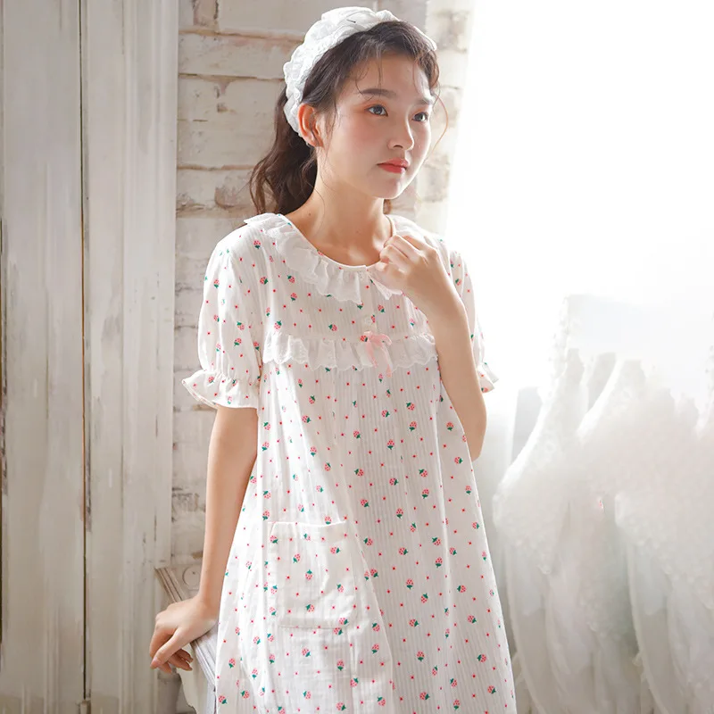

Women's Sweet Strawberry Nightgown Summer New Cotton Nightdress With Pocket Sleepwear Cute Ruffles Sleepshirts Loose Home Dress