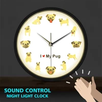 i love my pug dog modern design metal frame led wall clock sound activated puppy pet shop home decor wall watch pug lover gift