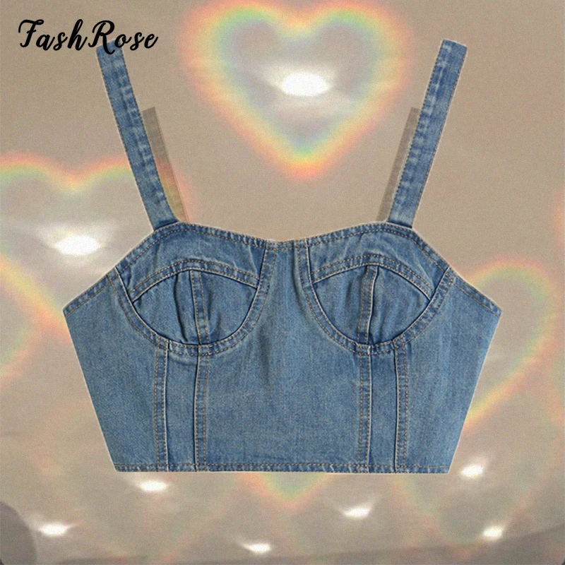 

FASHROSE Zipper Denim 90s Vintage Y2K Cropped Tank Tops Women Grunge Korean Style Fashion Solid Slim Short Camis Vest Overlock