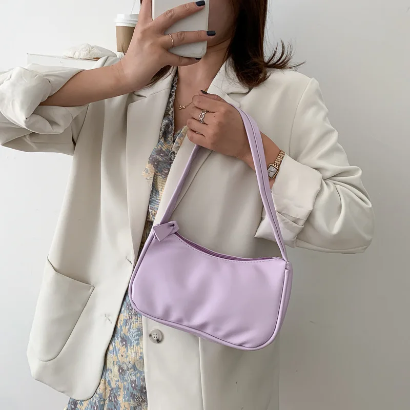 

Satchel Hangdbag Soft PU Leather Women Purple Underarm Bag Retro Solid Color Ladies Baguette Handbags Girls Small Shoulder Bags