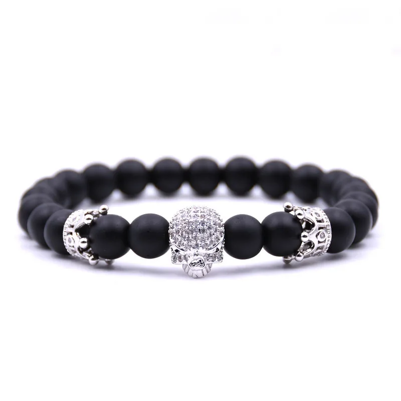 Мужской браслет из натуральных бусин на нитке с микрозакрепкой фианита Скелет
