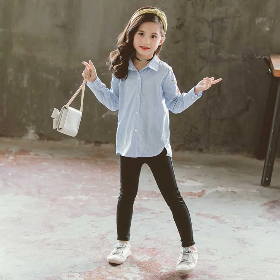 Рубашка для девочек полосатая блузка детская с цветочной вышивкой весна осень