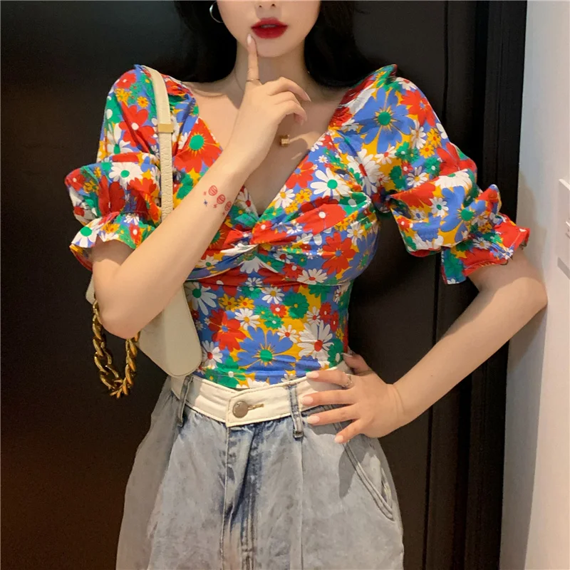 

Crop Top Women Summer V-neck Short Sleeve Off Shoulder Top Boho Clothing Blouse Female Floral Print Tunics 2021