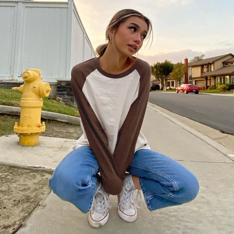 

Patchwork Brown Long Sleeve Long T Shirt Women Y2K 90s Casual Loose Cotton T-shirt Ladies Cute Fashion Korean Tshirts