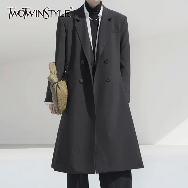 

TWOTWINSTYLE Solid Color Women's Autumn Coat Lapel Collar Long Sleeve High Waist Loose For Female Casual Coats New Fashion 2021