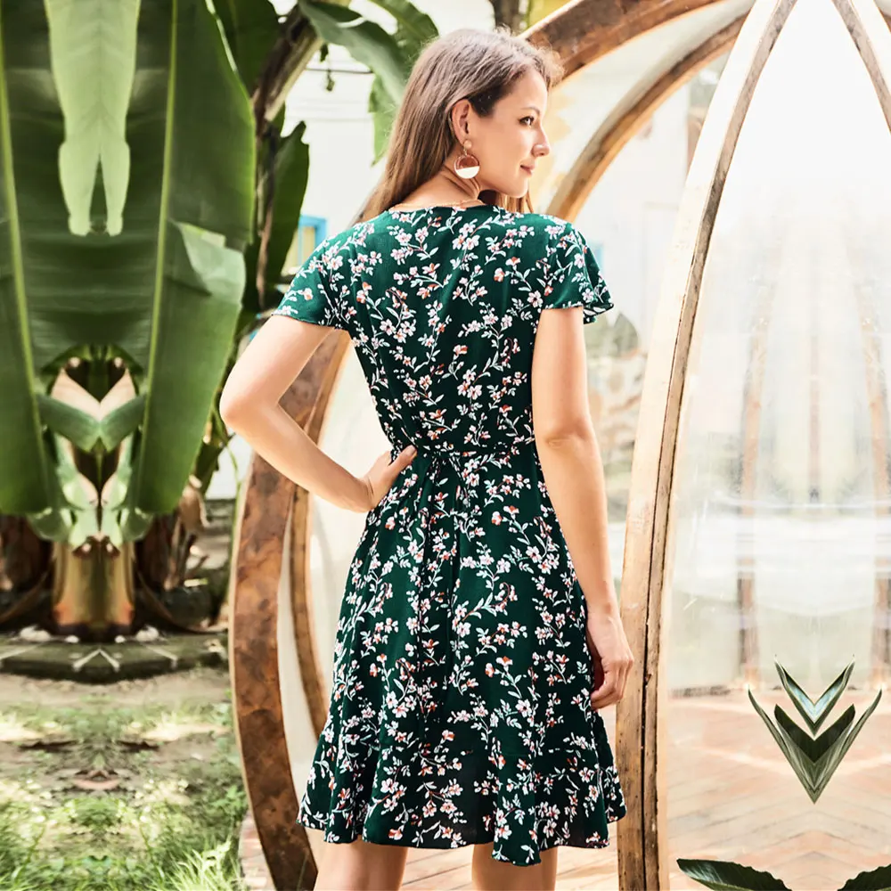 

2021 Spring Summer New Temperament Floral Dress Women V Neck Butterfly Sleeve High Waist Print Short Dresses Ladies Casual