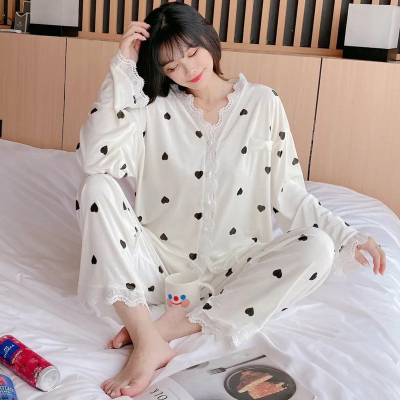 

Women Casual Pajamas Suit Velour Bathrobe 2PCS Shirt&Pants Lace Patchwork Sleepwear Nightwear Soft Homewear Pyjamas Nightgown