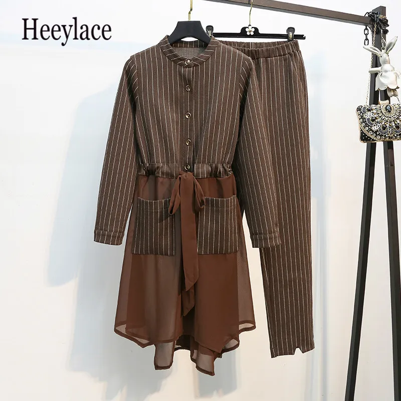 Женский комплект из двух предметов Осенний полосатый Длинный топ и брюки