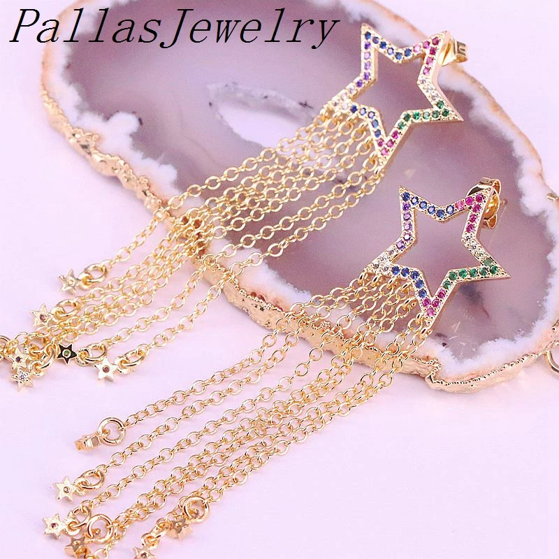 

3Pairs, Micro Pave Rainbow Cubic Zirconia CZ Star Dangling Charm Tassel Earring Women Jewelry Earrings