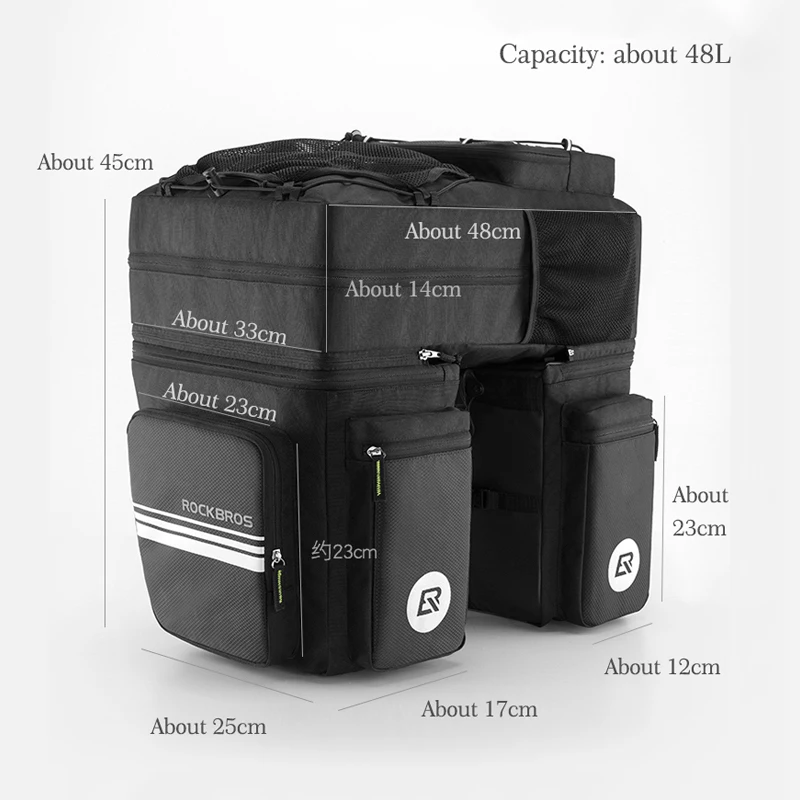 

ROCKBROS Bicycle Trunk Bag 3 in 1 Large Capacity MTB Bike Rear Seat Travel Pannier Waterproof Multifunctional Backpack Handbag