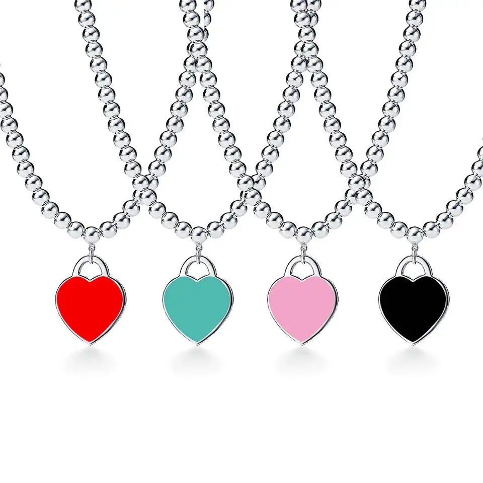 

1:1 Classic 925 Sterling Silver Heart Tag Necklace Women's 4mm Beaded Necklace Personality Wild Luxury Couple Jewelry Gift