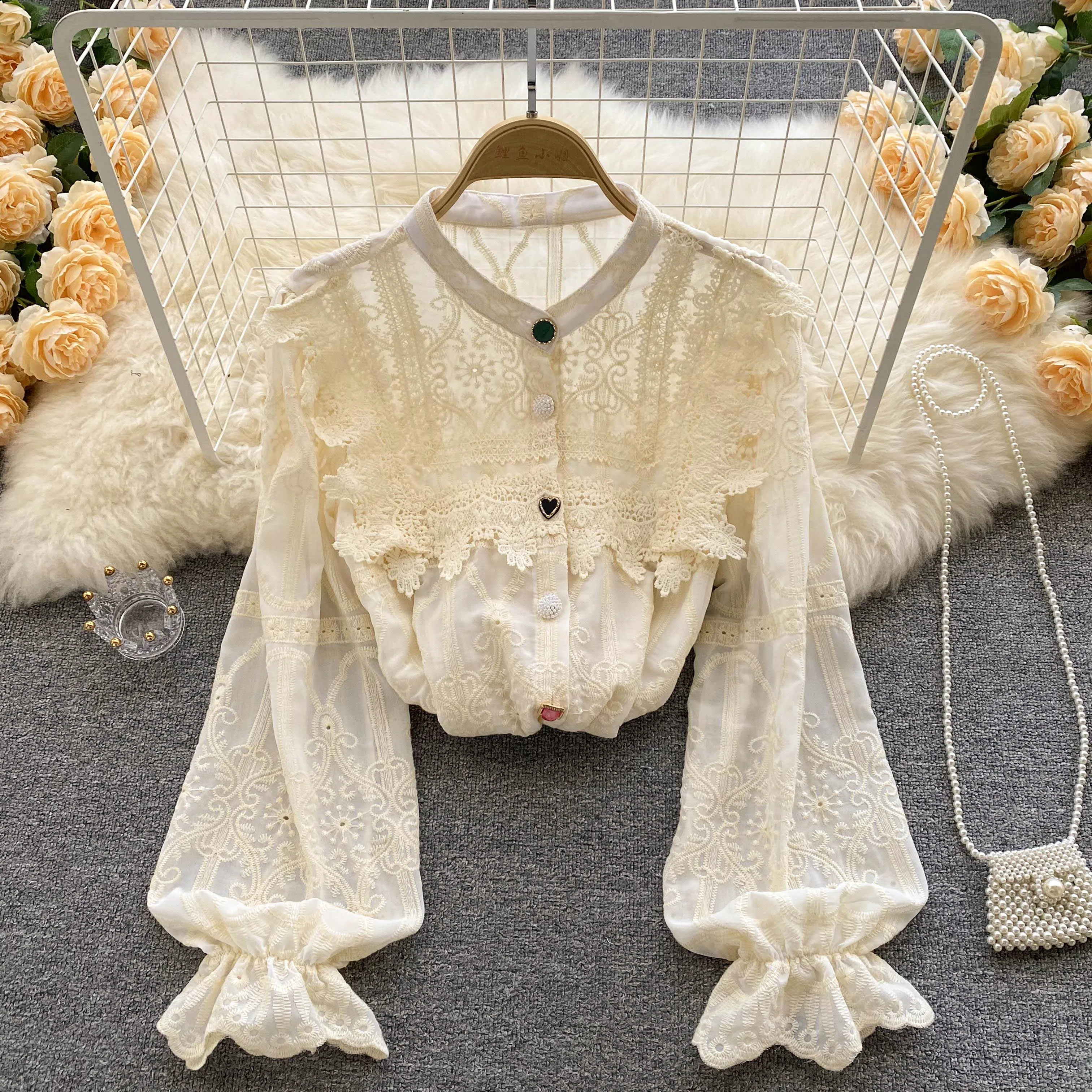 

Женская кружевная блузка с воротником-стойкой, длинным рукавом