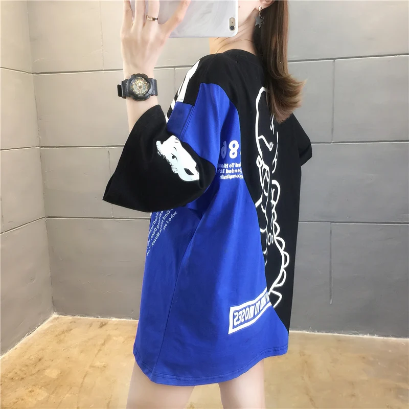 

Houthion Women's T-shirt Short Sleeve O-neck Top New Casual Fashion Loose Plus Size Mid-length T Shirt Cartoons Splicing