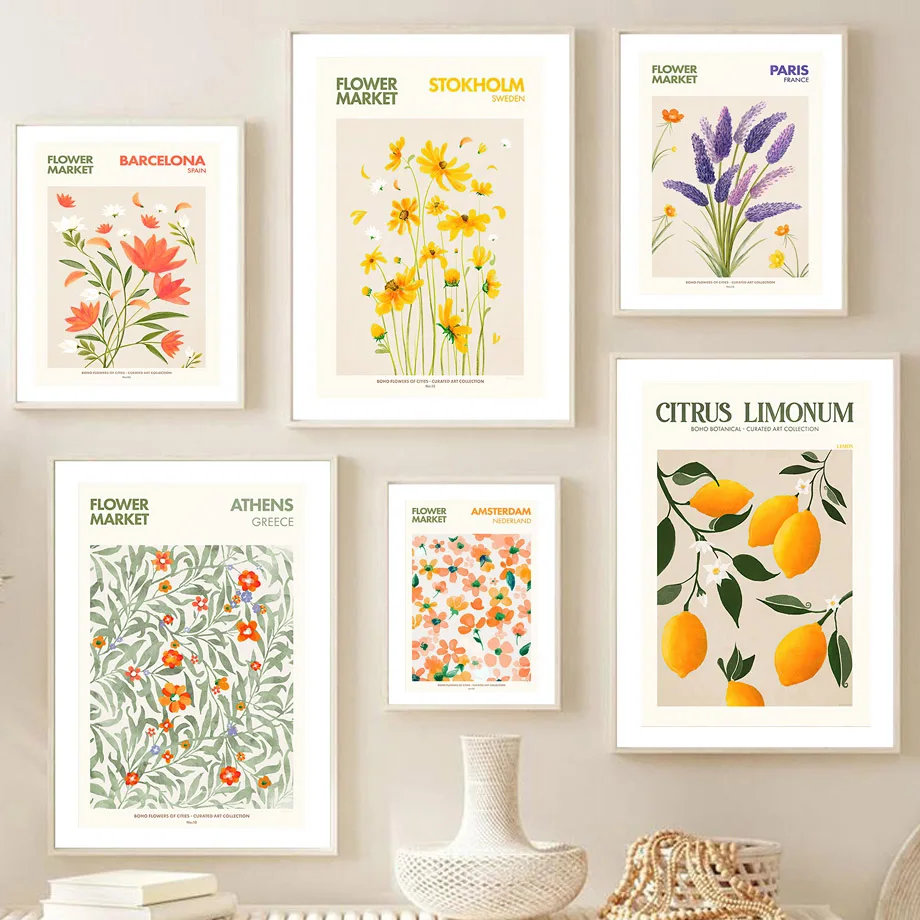 

Flower Market Famous City Botanical Lime Lemon Wall Art Print Canvas Painting Nordic Poster Wall Pictures For Living Room Decor