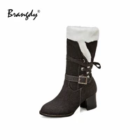 brangdy european women outdoor boots denim fabric wool women shoes round toe belt buckle cross tied womens winter mid calf boots