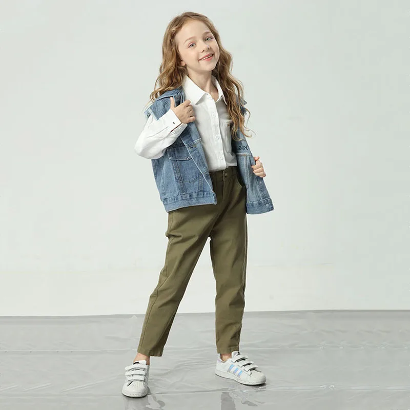 

Kids Casual Pants For Girls Solid Cotton Buttons Elastic Waist Trousers Children Clothes Girl Harem Pants 8 10 12 14 years old