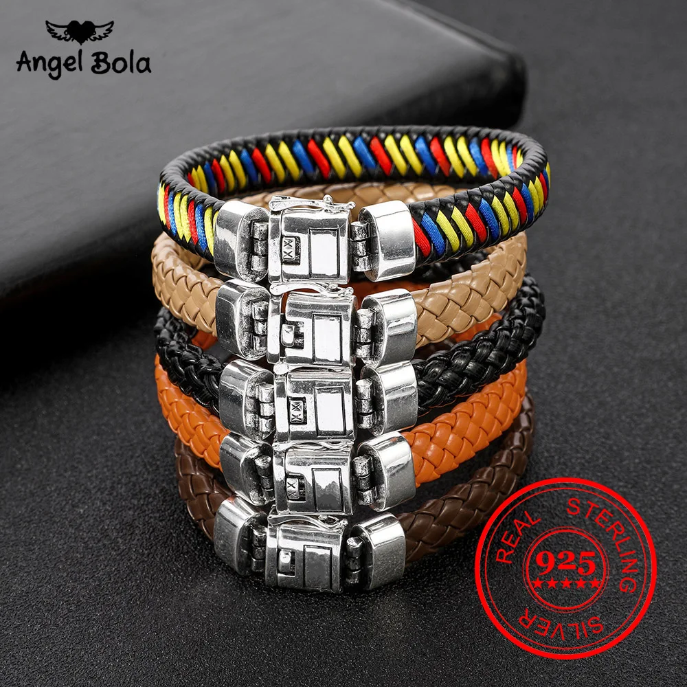 

925 Silver color Men Jewelry Buddha Bracelet Wristband Punk Black Braided Leather Bracelet for Men Safty Clasp Bangles Gifts