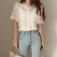 summer 5xl big white blouse women basic short sleeve lace tops black hollow out womens tops and blouses ruffles shirt female