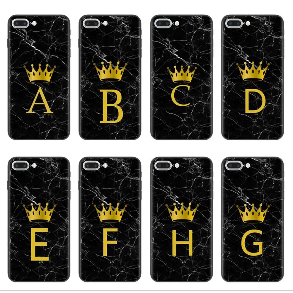 Custom name Letter Monogram Black Marble Gold crown Soft Phone Case For iphone X 5S 5 SE 6 6s Plus 7 7Plus 8 8 plus XS Max XR