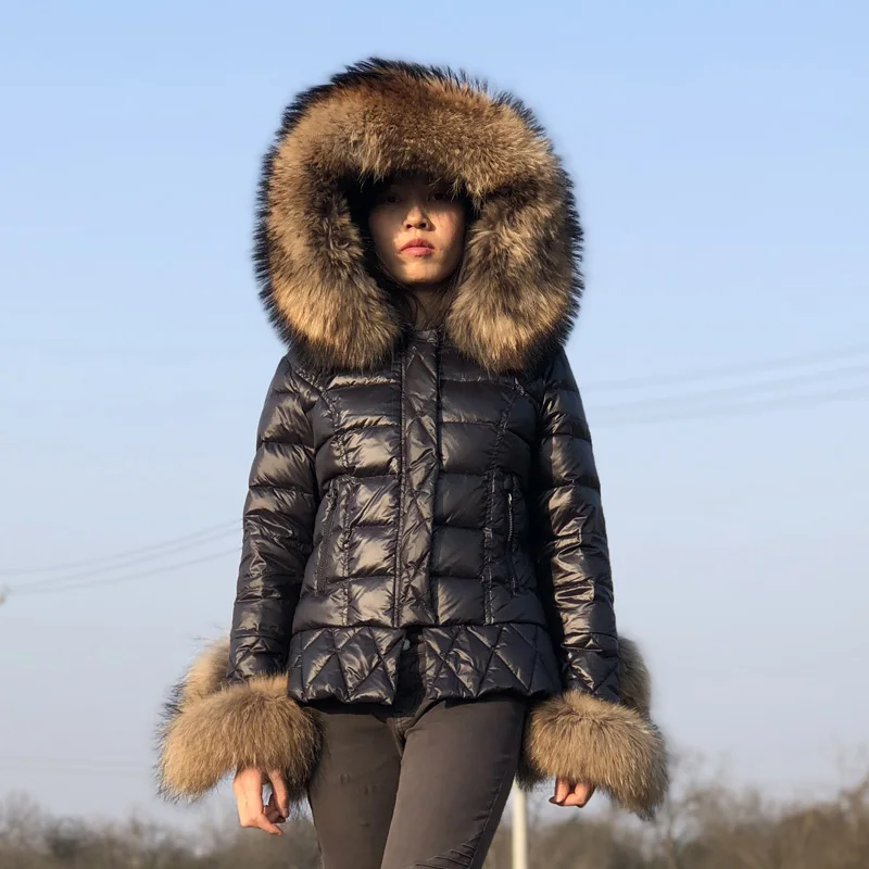 Fandy lokar, утиный пух, куртки, женские, зимние, теплые, настоящий, большой мех енота, с капюшоном, пальто, женское, настоящий мех кролика, пуховик
