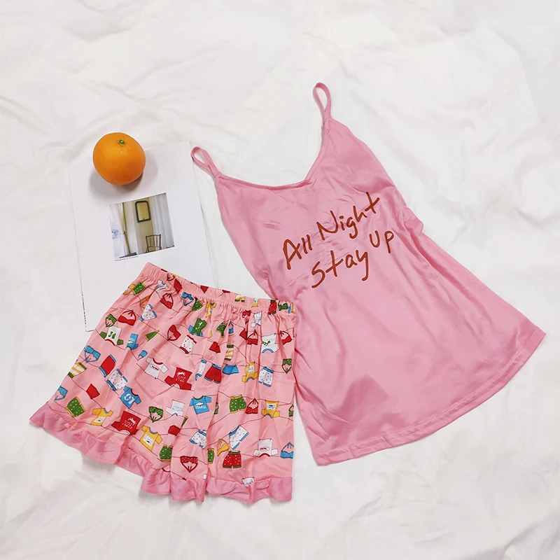 Pink01 Женские пижамы с рисунком из хлопка FallSweet, набор белья из двух частей, без рукавов, с вшитыми чашками, для лета - Цвет: Pink01