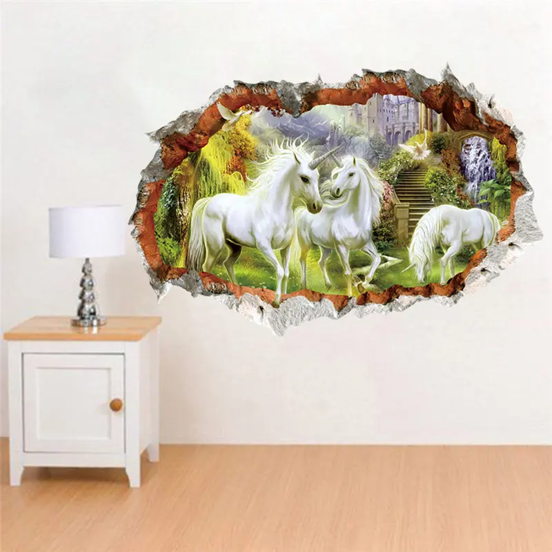 

Unicorn Horse Borken Wall Stickers Living Room Bedroom Decoration 3d Cartoon Animal Mural Ar Diy Home Decal Children Gift