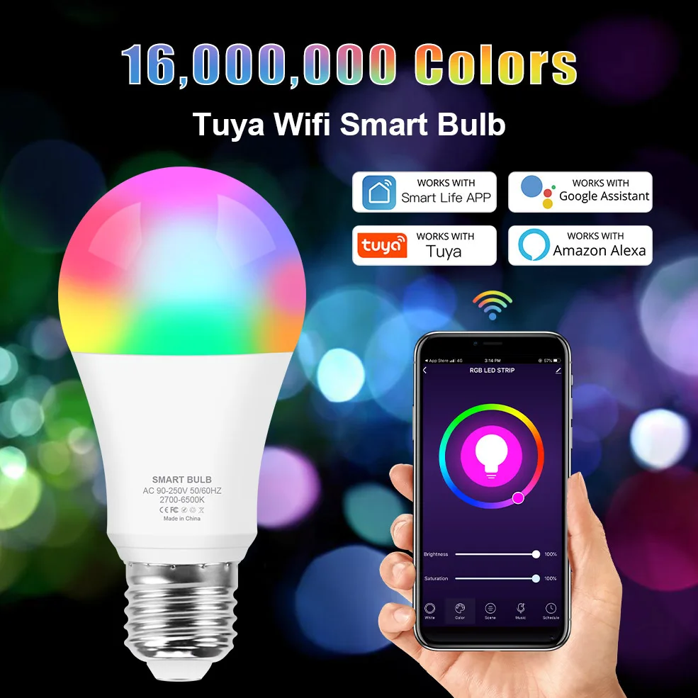 Умный светильник Tuya Wifi E27 Светодиодная лампа 12 Вт 15 меняющая цвет RGB + белый теплый