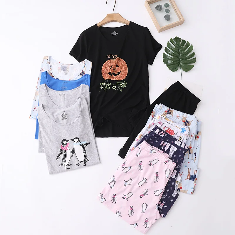 

New cotton thin women's pajamas summer short sleeves plus fat home clothes set lovely fresh Large size Seven points sleepwear