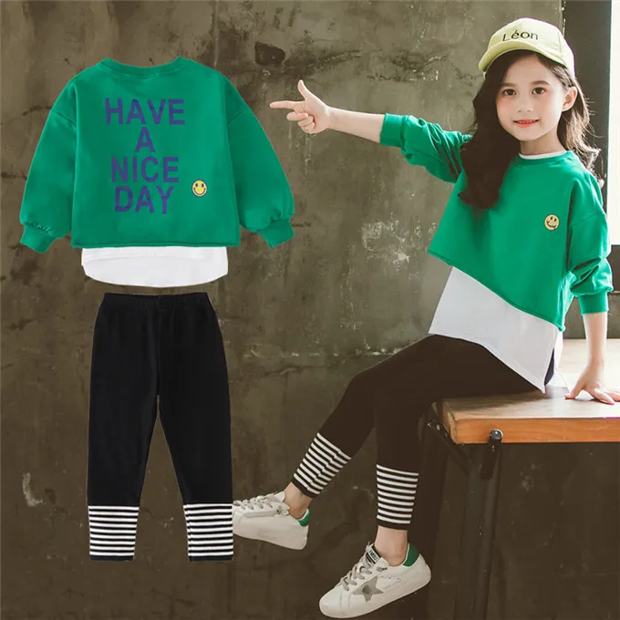 Комплект детской одежды, комплект одежды с длинными рукавами и круглым вырезом для девочек, спортивные топы для девочек+ штаны, детский осенне-весенний костюм - Цвет: as picture