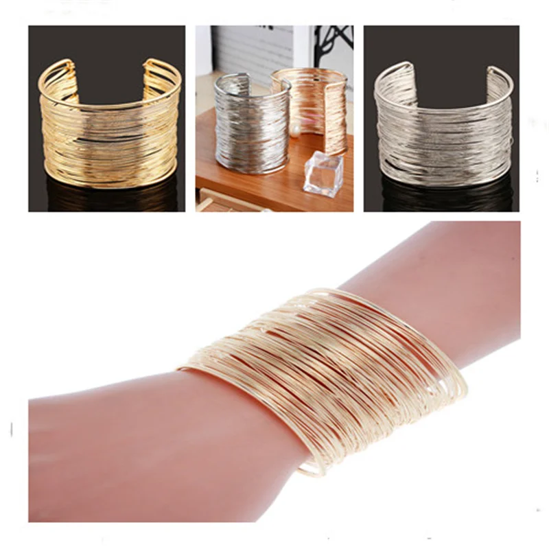 

Fashion Women's Multilayer Metal Wires Strings Open Bangle Wide Cuff Bracelet Hand Chain Ring Bracelet