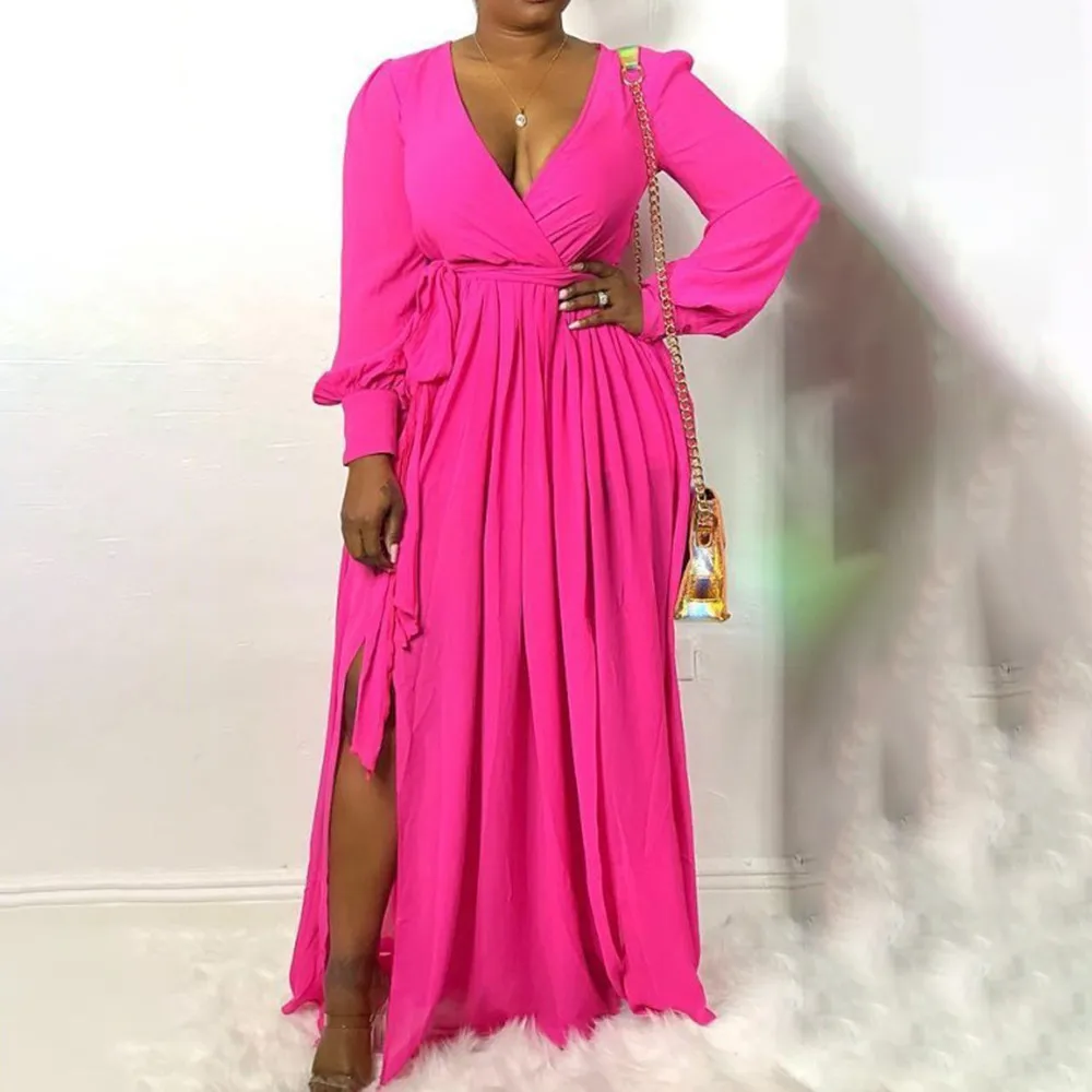 

Bright Yellow Long Tunic Dress Chiffion Smummer Beach High Waist Female Vestiods Lace Up Boho African Rose Red Maxi Robe Dresses