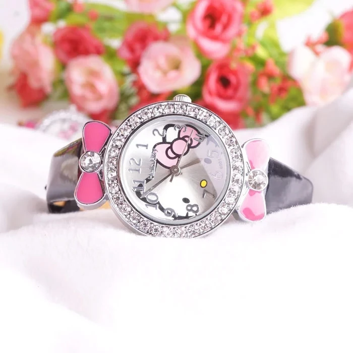 Часы hello kitty KT hello kitty с кожаным ремешком, наручные часы, детские настольные модные часы - Цвет: Черный