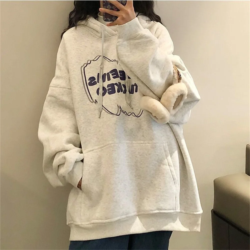 

Свободные мягкие Топы с капюшоном и надписью, осенне-весенние толстовки, белые праздничные корейские модные женские топы в японском стиле д...