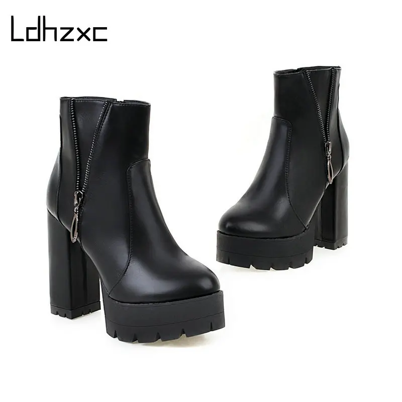 

LDHZXC Pu Leather Boots Women Ankle Boots Platform Sexy Female Autumn Winter High Heels Botas Mujer