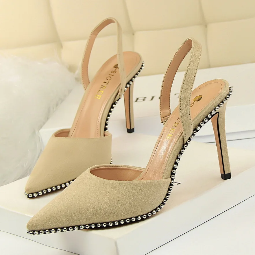 

2020 summer new Rivet metal pointed high heeled shoes thin Heel Black one line sandals for women