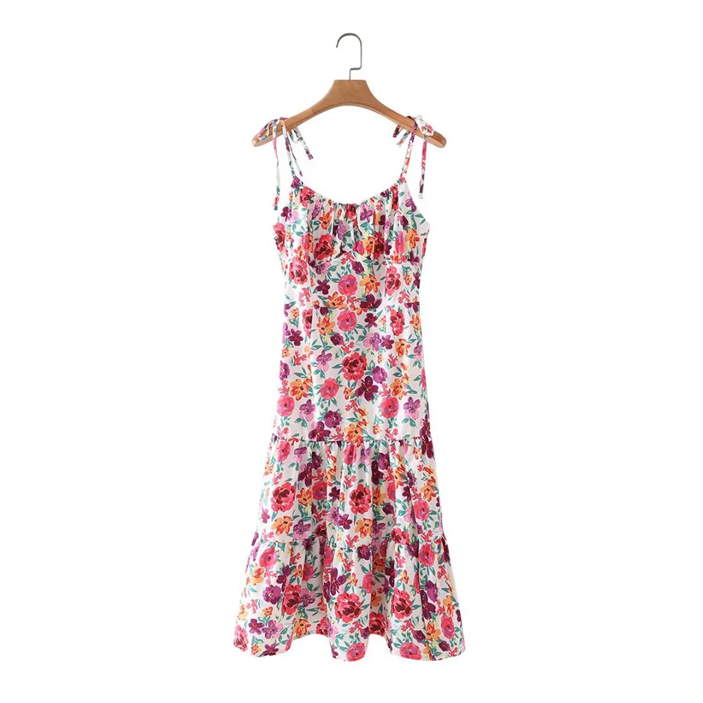 

Clazzaa Women Fashion Colorful Floral Printed Dress Thin Straps Smocked Back Chic Lady Romantic Midi Dresses Female