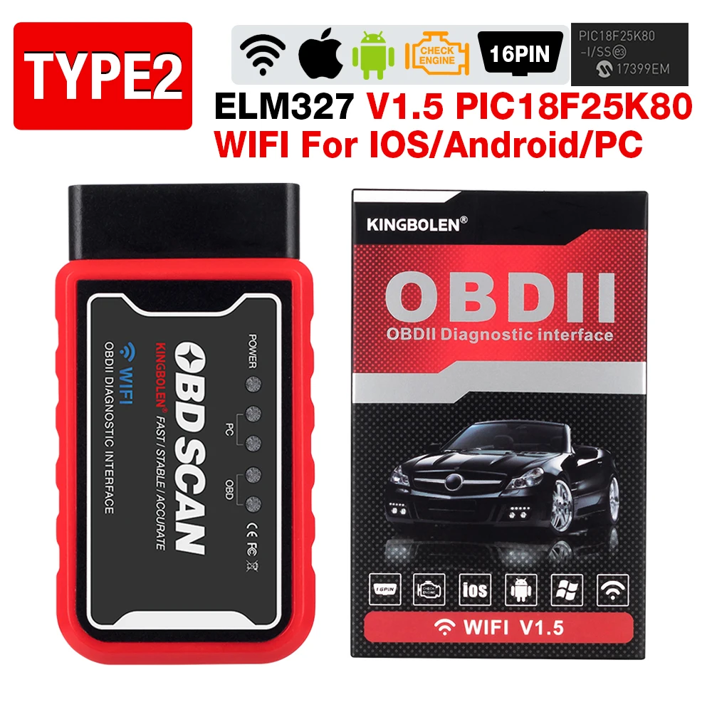 

Диагностический Сканер ELM327 V1.5 OBD2 С Wi-Fi И Bluetooth, Чип PIC18F25K80, Для iPhone, Android