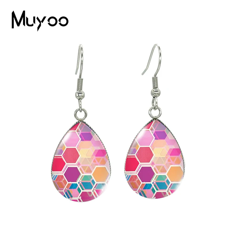 2021 Новые серьги Rainbow Honeycomb Tear drop с яркими гексагональными узорами на крючках и стеклянными кабошонами, ручная работа.