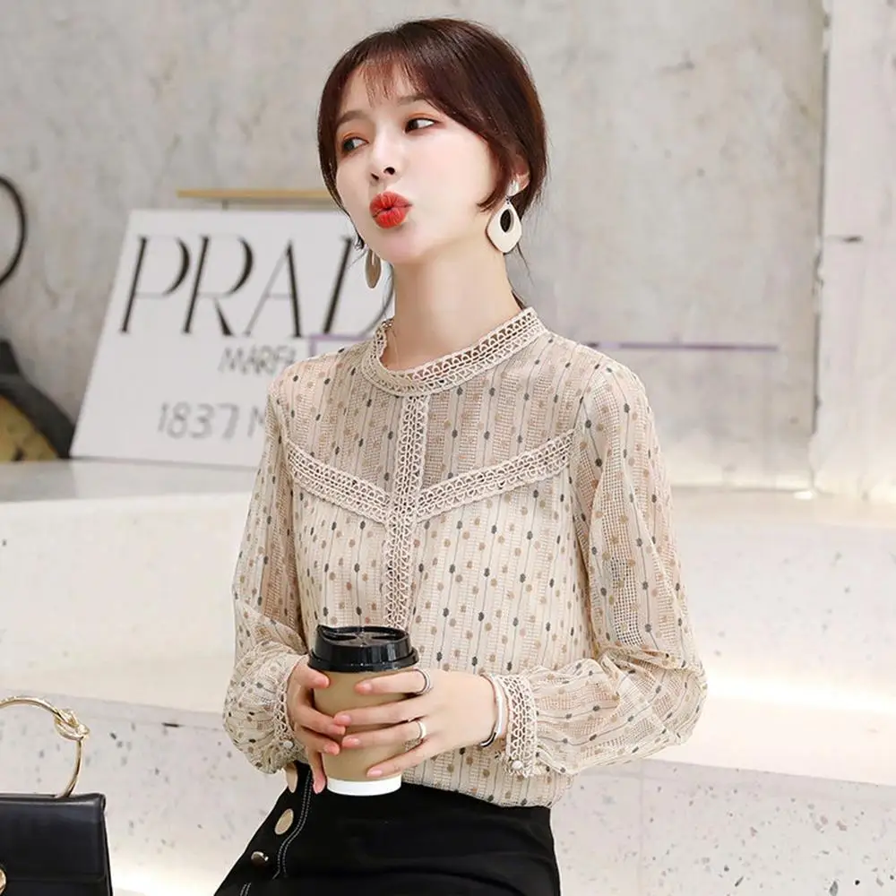 

Korean Style Blouse Women Elegant Lace Top Plus Size Chiffon Blouses Solid Vrouwen Blouses Long Sleeve Shirt Womens Clothing