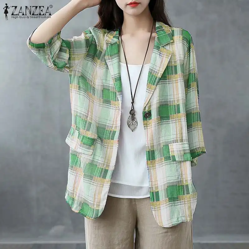 Блейзер ZANZEA женский в винтажную клетку стильный Повседневный тонкий жакет