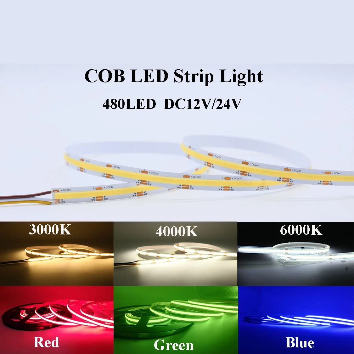 Гибкий COB Светодиодные ленты светильник 12V 24V красного, зеленого и синего цвета линейный веревки без пятен 5 м/рулон width8mm 480LED 45 Вт, холодный и теплый свет, естесственный белый - изображение