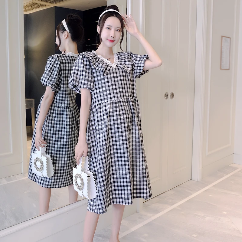 

9039# 2021 Summer Korean Fashion Maternity Dress Sweet Loose Clothes for Pregnant Women Lace V Neck Black Plaid Pregnancy Dress