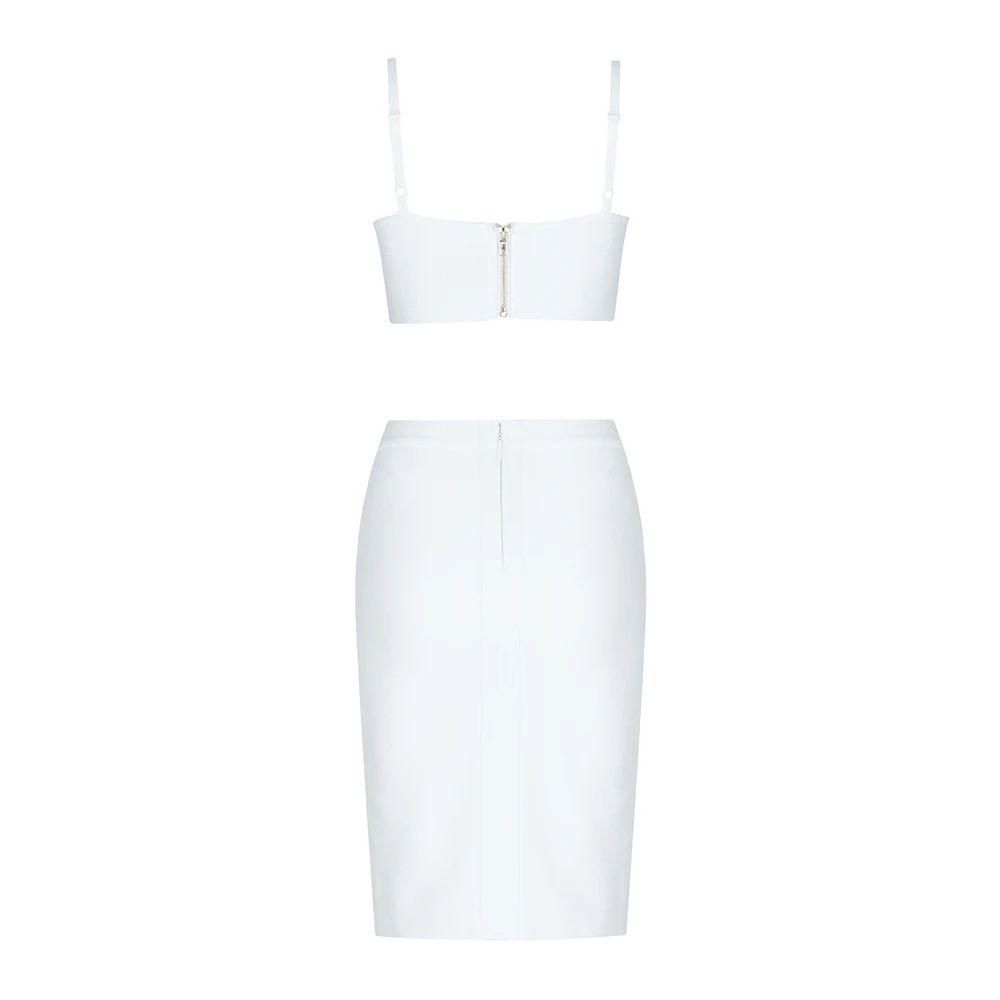 

2020 New Arrival 2 Piece Set Button White RAYON Bandage Dress Women Thick Rayon Celebrity Party Dress Vestidos