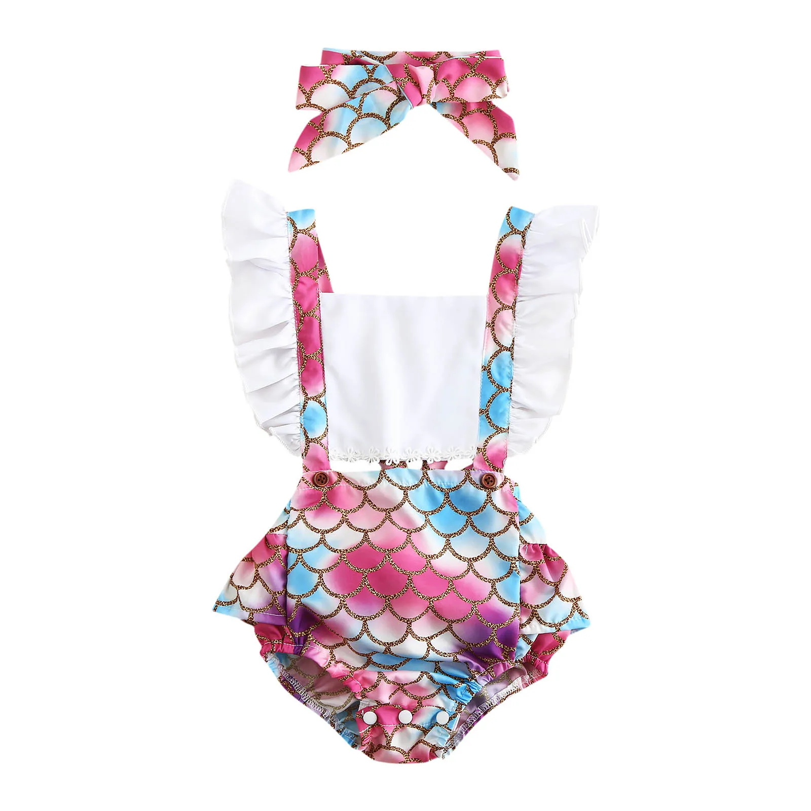 Детский летний комбинезон без рукавов с оборками и принтом в виде рыбьей